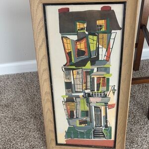 Colorful Abstract House Art in Wooden Frame
